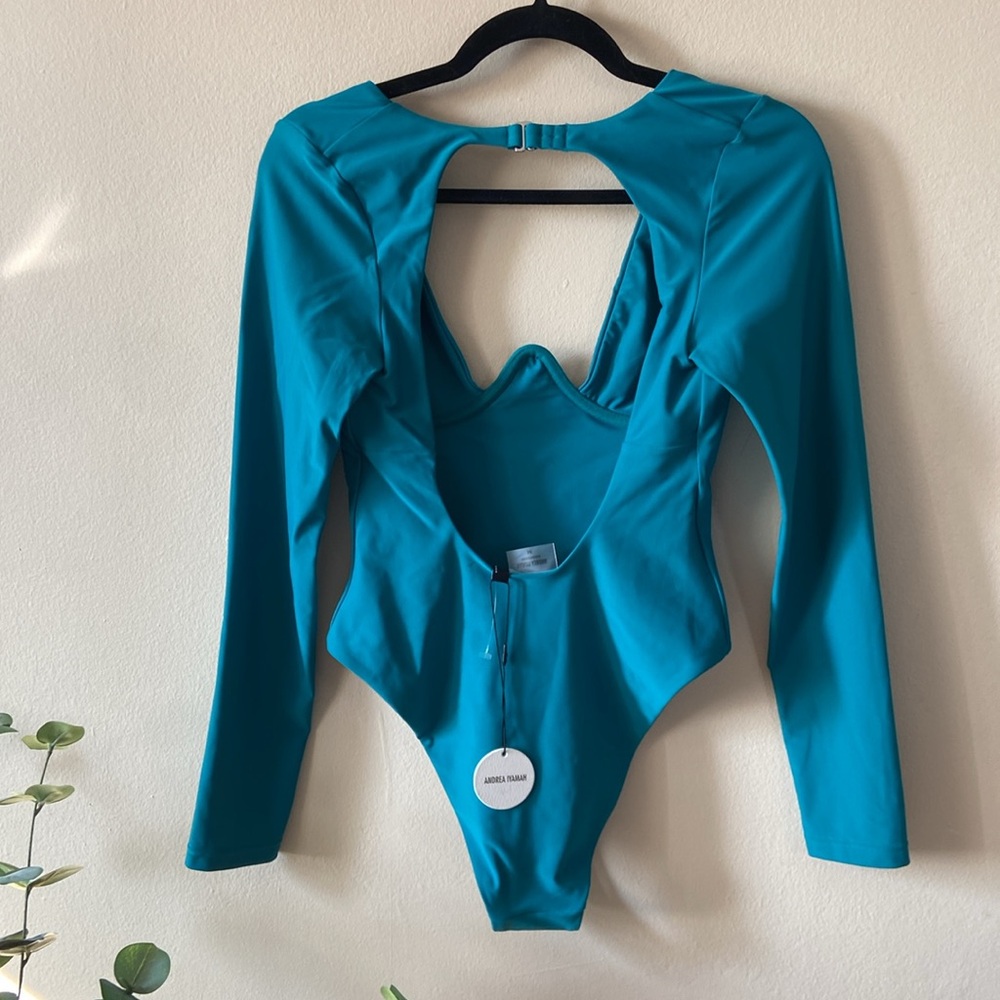 New Andrea Iyamah One Piece Swimsuit M Teal Cutout Deep V Long Sleeve Resort - Picture 4 of 9
